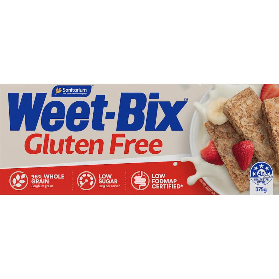 Sanitarium Weet-Bix Gluten Free cereal made from sorghum, wholesome, low-sugar, 96% whole grain for a nutritious breakfast.