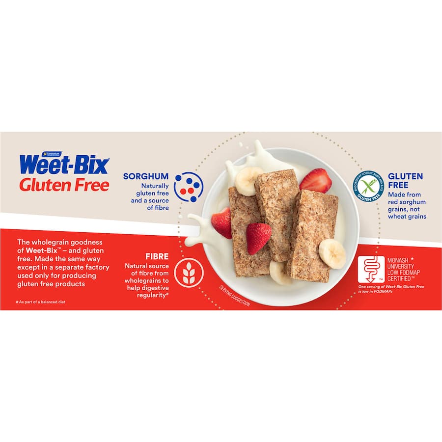 Sanitarium Weet-Bix Gluten Free Breakfast Cereal made from sorghum, 96% whole grain, low sugar, perfect for health-conscious eaters.