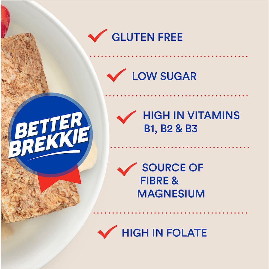 Sanitarium Weet-Bix Gluten Free cereal made from sorghum, low-sugar, crunchy, 96% whole grain, perfect for healthy breakfasts.