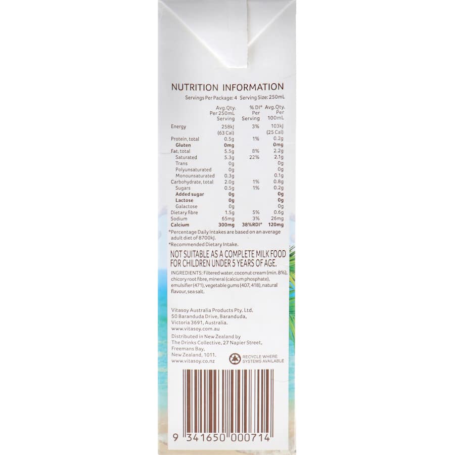 Vitasoy Coconut Milk Unsweetened, a creamy dairy-free alternative perfect for curries and baked goods, capturing coconut's tropical essence.