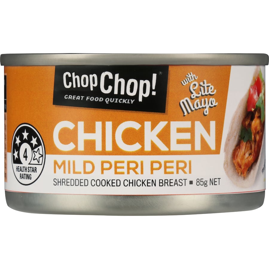 Chop Chop Canned Chicken in Mild Peri Peri Lite Mayo, perfect for quick, nutritious meals and versatile recipes.