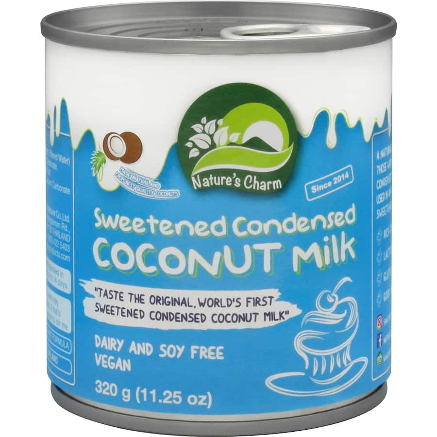 Creamy, dairy-free Natures Charm Sweetened Condensed Milk for baking, cooking, and delicious desserts with rich coconut flavor.