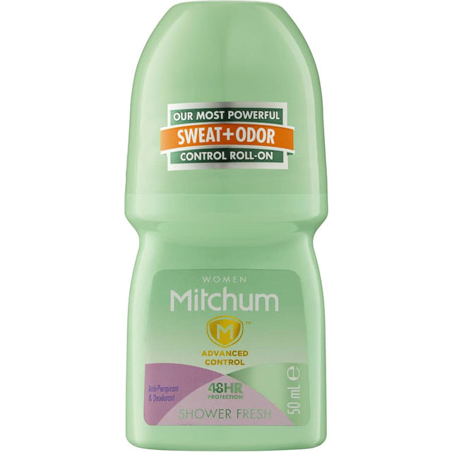 Mitchum Roll On Shower Fresh deodorant for long-lasting sweat and odor protection, with an invigorating fresh scent.