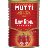 Authentic Mutti Tomatoes Baby Roma in a can, showcasing sweet Italian Datterini tomatoes for sauces and gourmet dishes.