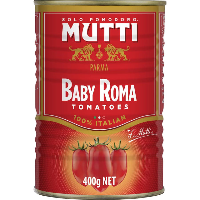 Authentic Mutti Tomatoes Baby Roma in a can, showcasing sweet Italian Datterini tomatoes for sauces and gourmet dishes.