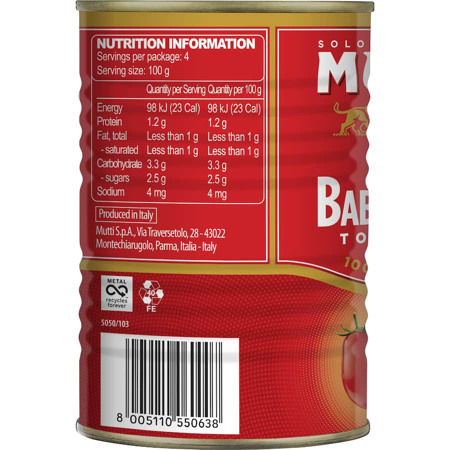 Authentic Mutti Baby Roma tomatoes in a can, showcasing sweet, juicy flavor, perfect for sauces and gourmet meals.