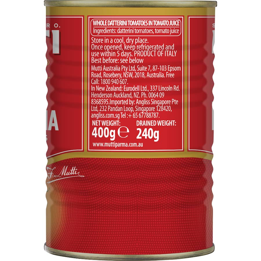 Can of Mutti Tomatoes Baby Roma showcasing sweet, juicy 100% Italian Datterini tomatoes, perfect for sauces, salads, and pizzas.