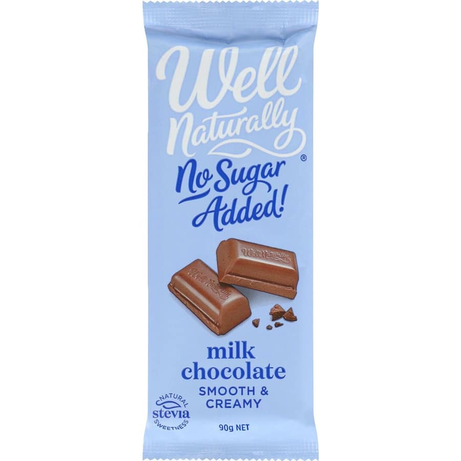 Well Naturally No Sugar Added Snack Bar in Milk Chocolate, guilt-free and gluten-free treat for health-conscious snackers.