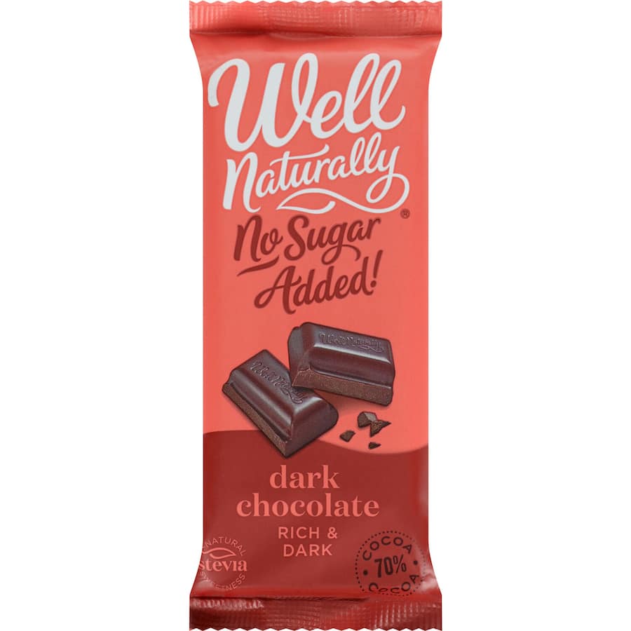 Well Naturally No Sugar Added Dark Chocolate Snack Bar, guilt-free, low-carb treat with rich chocolate flavor and satisfying crunch.