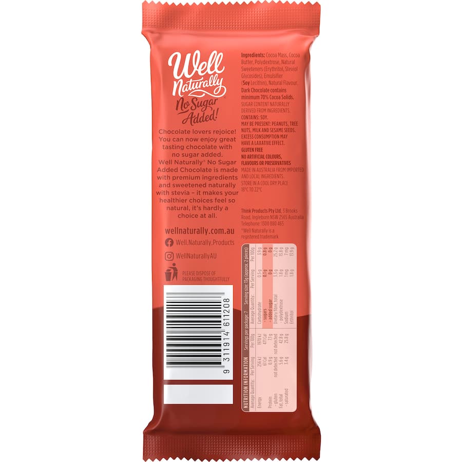 Well Naturally No Sugar Added Dark Chocolate Snack Bar, a guilt-free treat with rich flavor, low-carb, and keto-friendly.