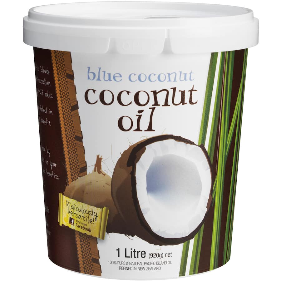 Blue Coconut Coconut Oil Cooking Oil in a clear bottle, ideal for cooking, baking, and skin care with a tropical flavor.