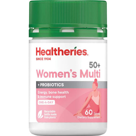 Healtheries Women's Multi One A Day for 50+, supporting energy, skin, and eye health with essential nutrients for mature women.