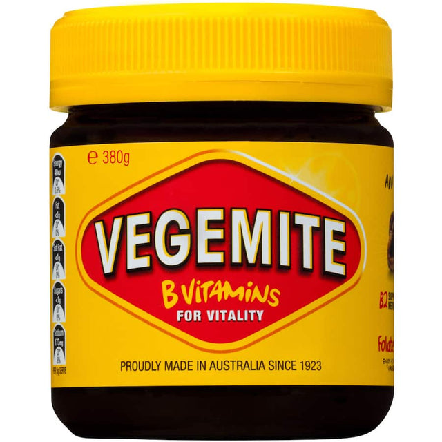 A jar of Australian-made Vegemite Yeast Spread, rich in B vitamins for an energizing breakfast boost.