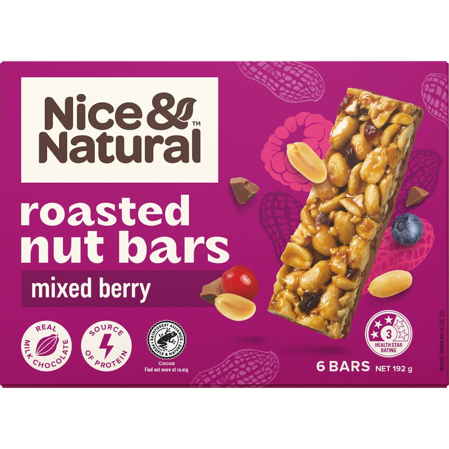 Nice & Natural Nut Bars Mixed Berry, featuring roasted nuts and mixed berries, a healthy low-sugar snack packed with protein.