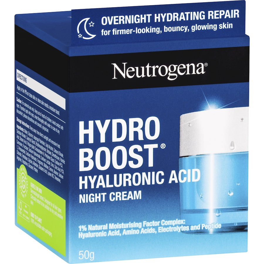 Intensely hydrating Neutrogena Hydro Boost Night Cream with Hyaluronic Acid for plump, radiant skin overnight.