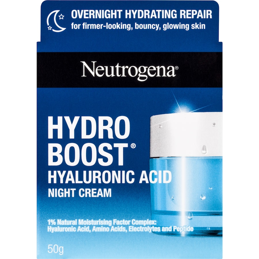 Neutrogena Hydro Boost Night Cream with Hyaluronic Acid for intense overnight hydration, improving skin elasticity and firmness.