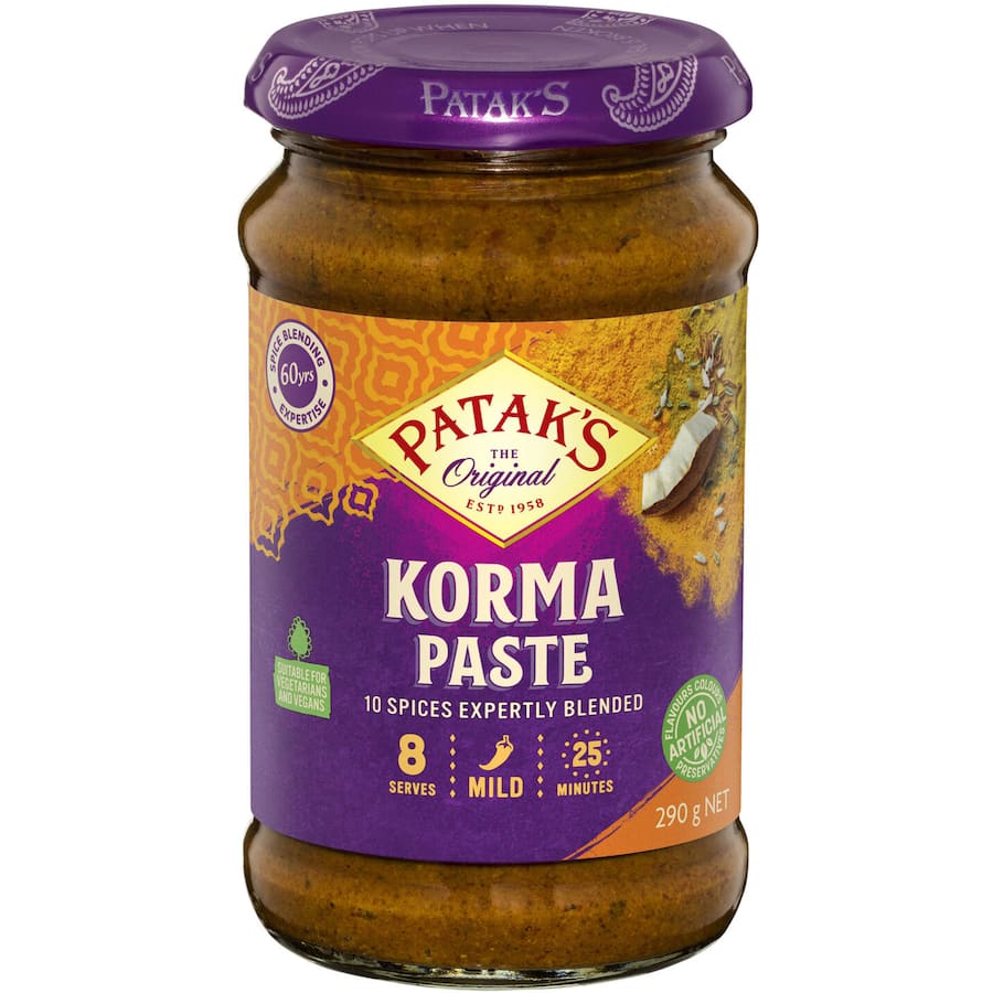 Rich, creamy Patak's Korma Paste blends coconut and spices for authentic, mild Indian curry at home.