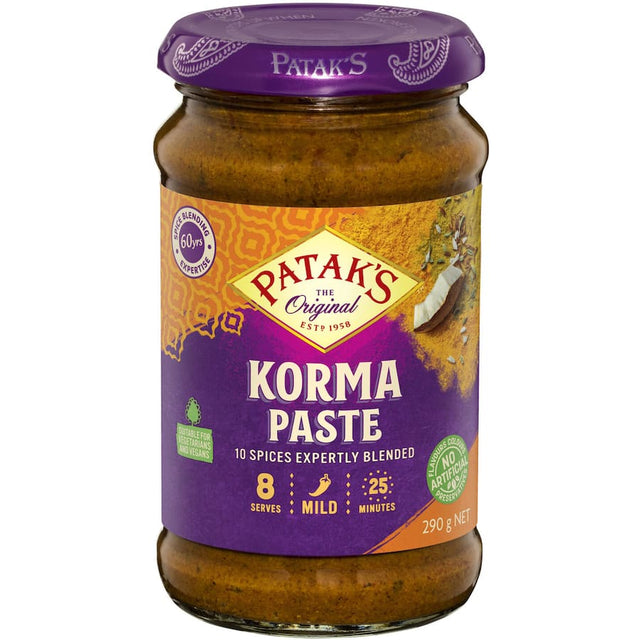 Rich, creamy Patak's Korma Paste blends coconut and spices for authentic, mild Indian curry at home.