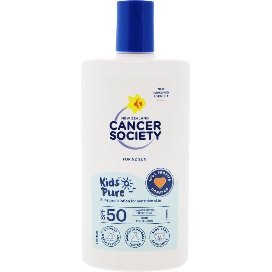 Cancer Society Kids Pure Sunscreen Lotion SPF 50, dermatologically tested, water-resistant, with aloe vera, for ultimate sun protection.