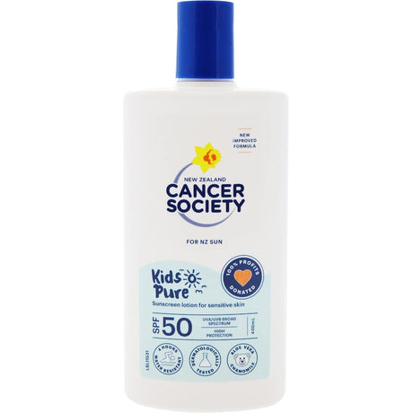 Cancer Society Kids Pure Sunscreen Lotion SPF 50, dermatologically tested, water-resistant, with aloe vera, for ultimate sun protection.