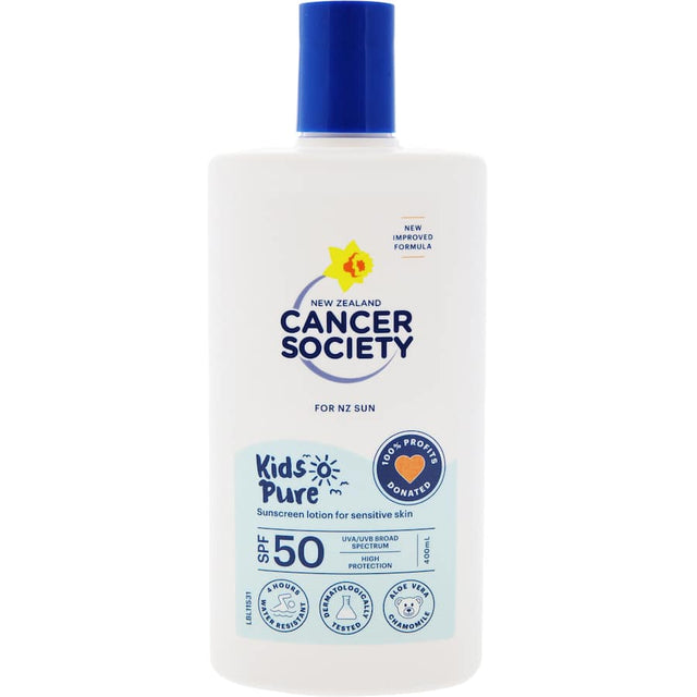 Cancer Society Kids Pure Sunscreen Lotion SPF 50, dermatologically tested, water-resistant, with aloe vera, for ultimate sun protection.