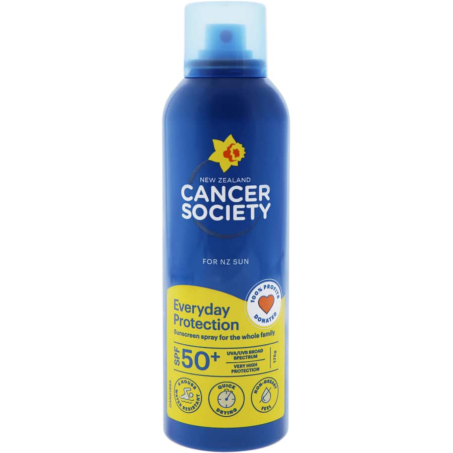 Bottle of Cancer Society Everyday Sunscreen SPF 50+, offering broad-spectrum protection and water-resistance for family use.