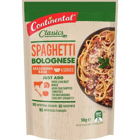 A packet of Continental Classics Recipe Base Spaghetti Bolognese, featuring Italian herbs and premium ingredients for quick meals.