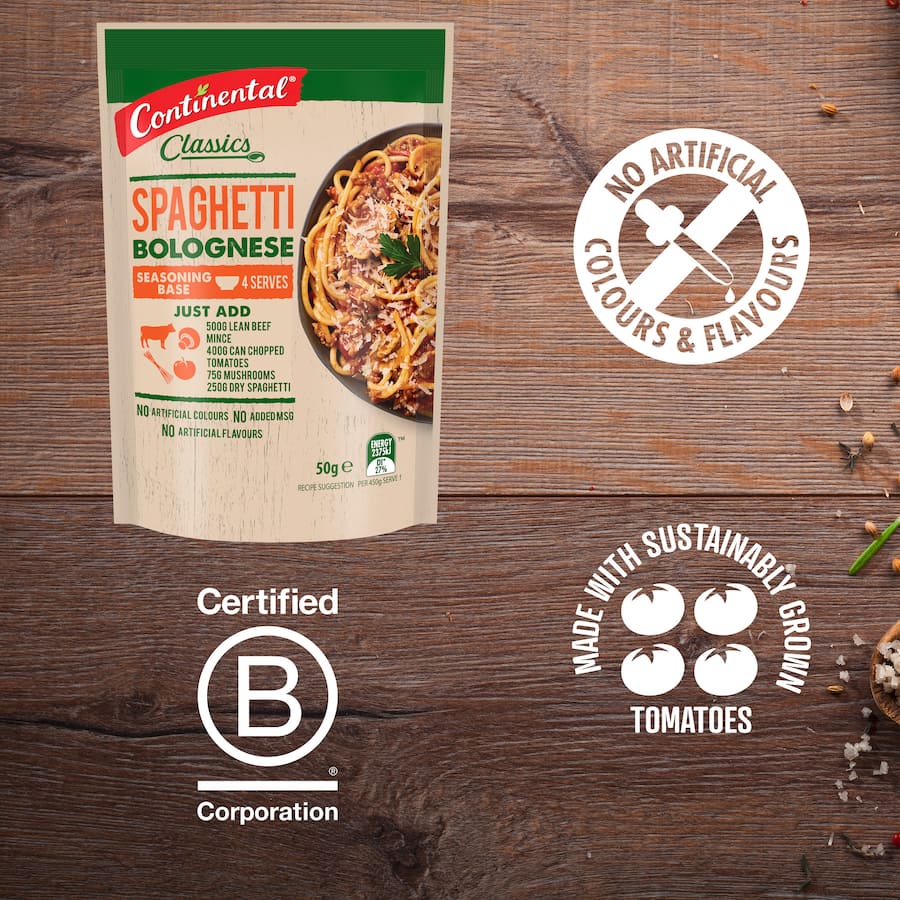 Continental Classics Spaghetti Bolognese Recipe Base features a blend of tomatoes, herbs, and spices for easy family meals.