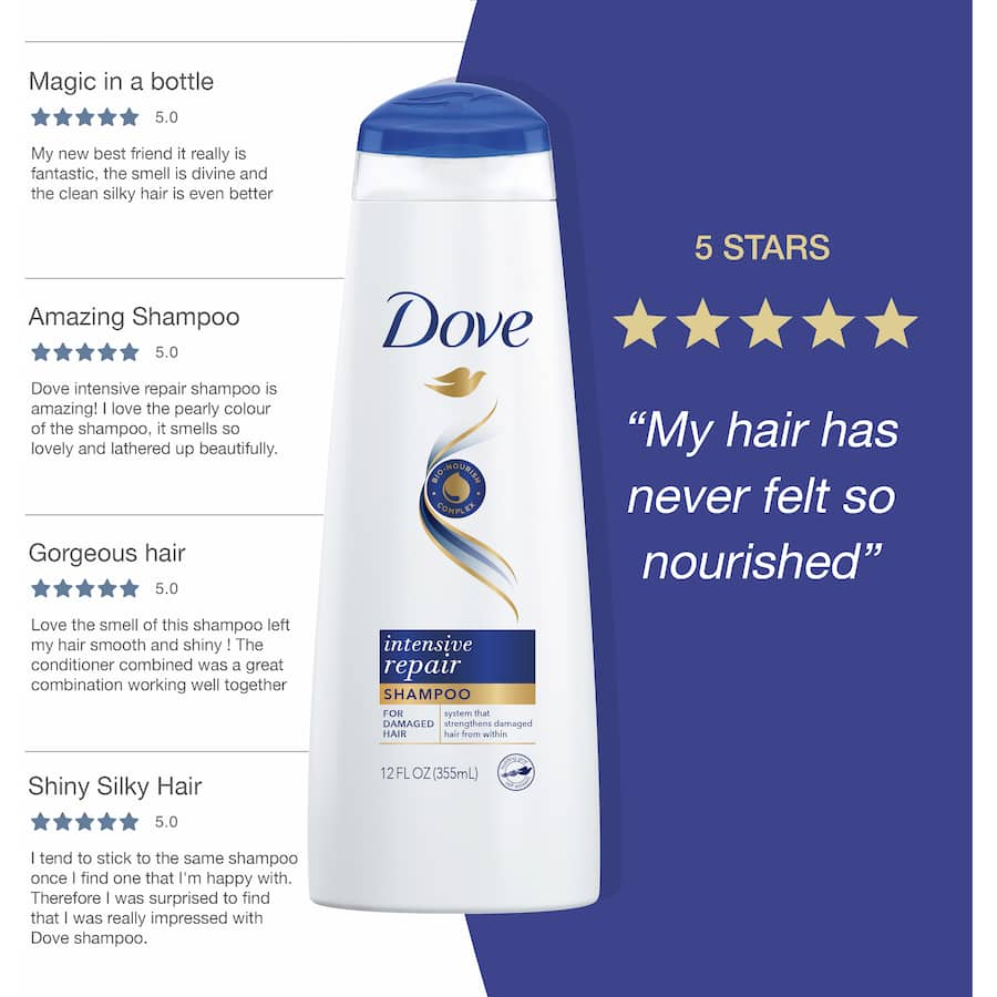 Dove Nutritive Solutions Shampoo Intensive Repair rejuvenates damaged hair with keratin actives for deep nourishment and shine.