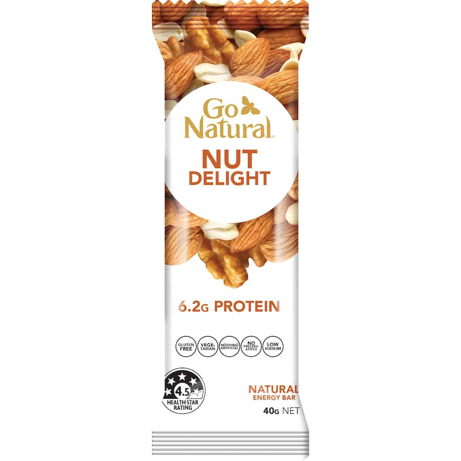 Go Natural Snack Bar Nut Delight: gluten-free nut bar with 6.2g protein, fiber, vitamins, and minerals for a healthy snack.