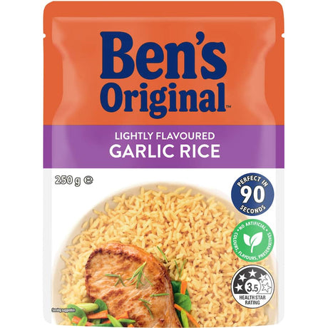 Bens Original Roasted Garlic Rice, ready in 90 seconds, flavorful, vegetarian, and free from artificial ingredients.