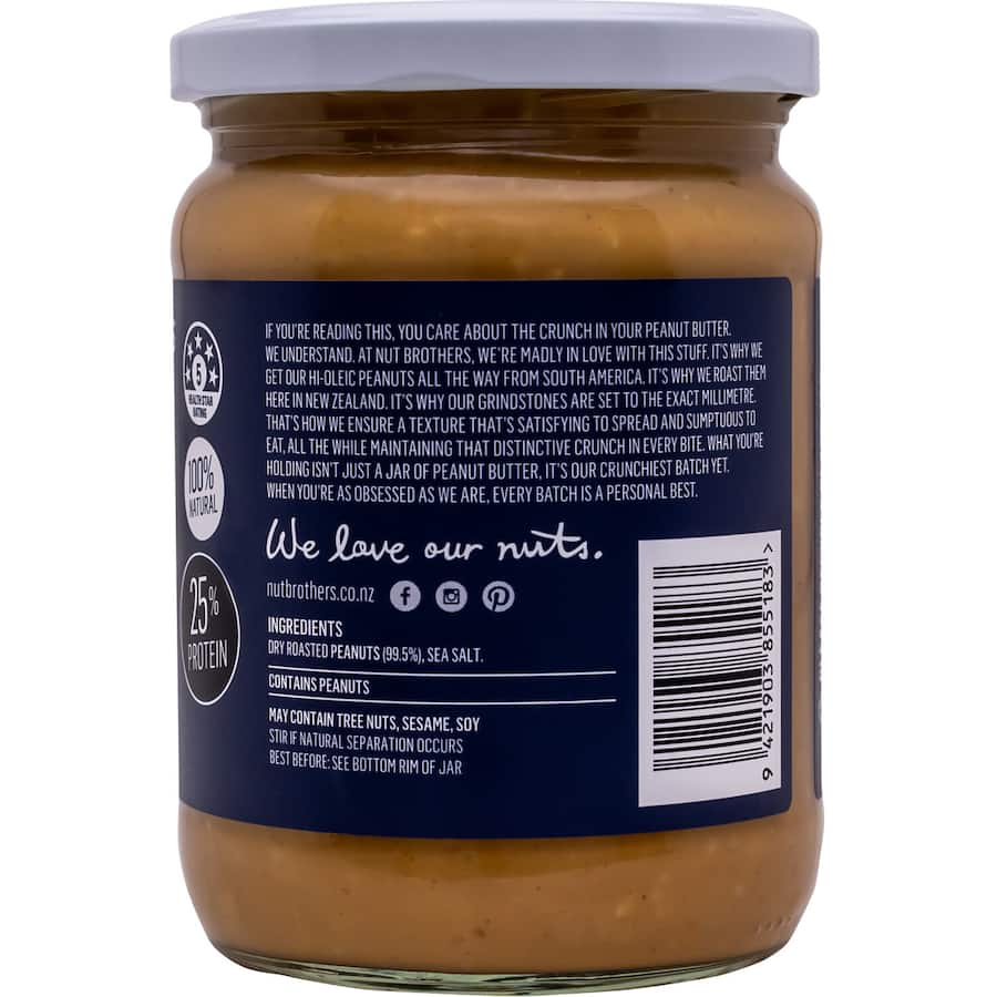 Nut Brothers Crunchy Peanut Butter with slight salt, ideal for spreading, baking, and blending in smoothies.