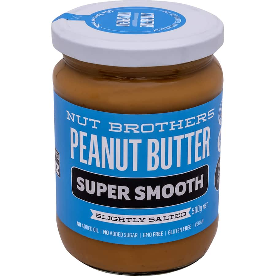 Creamy Nut Brothers Peanut Butter Smooth Slightly Salted, made from roasted peanuts, ideal for spreads, baking, and snacks.