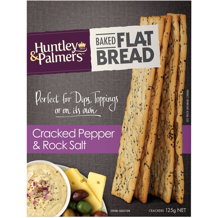 Crispy baked flatbread topped with cracked black pepper and sea salt, perfect for snacking and entertaining.