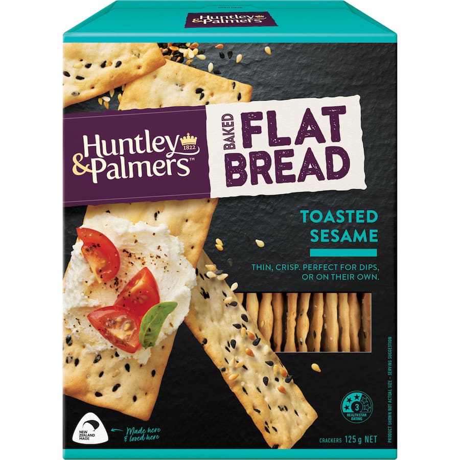 Huntley & Palmers Toasted Sesame Flat Bread, light and crispy crackers enhanced with nutty sesame seeds for gourmet snacking.