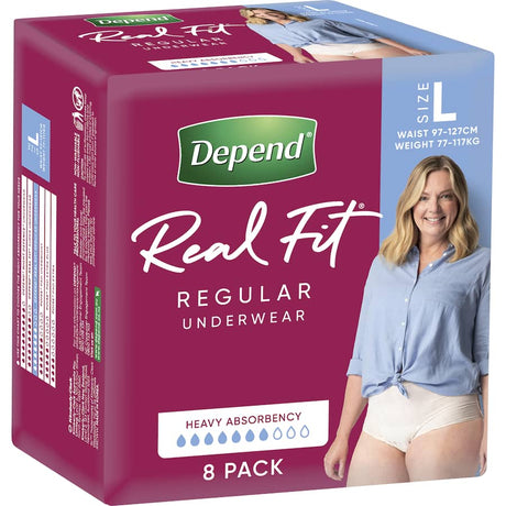 Depend Real Fit Women's Large Underwear offers discreet, cotton-like comfort with maximum absorbency and worry-free odor control.