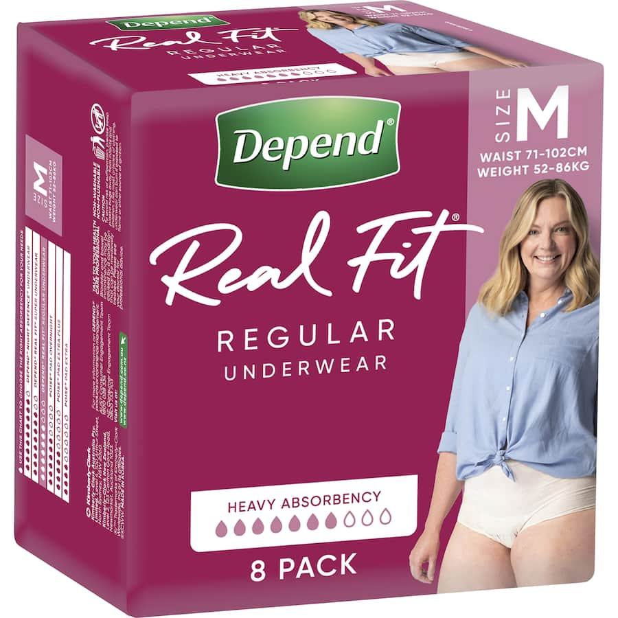 Depend Real Fit Women's Continence Pants in Medium: discreet, absorbent underwear designed for comfort and confidence in daily wear.