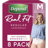 Depend Real Fit Women's Continence Pants in Medium, offering discreet, maximum absorbency and comfort for incontinence protection.