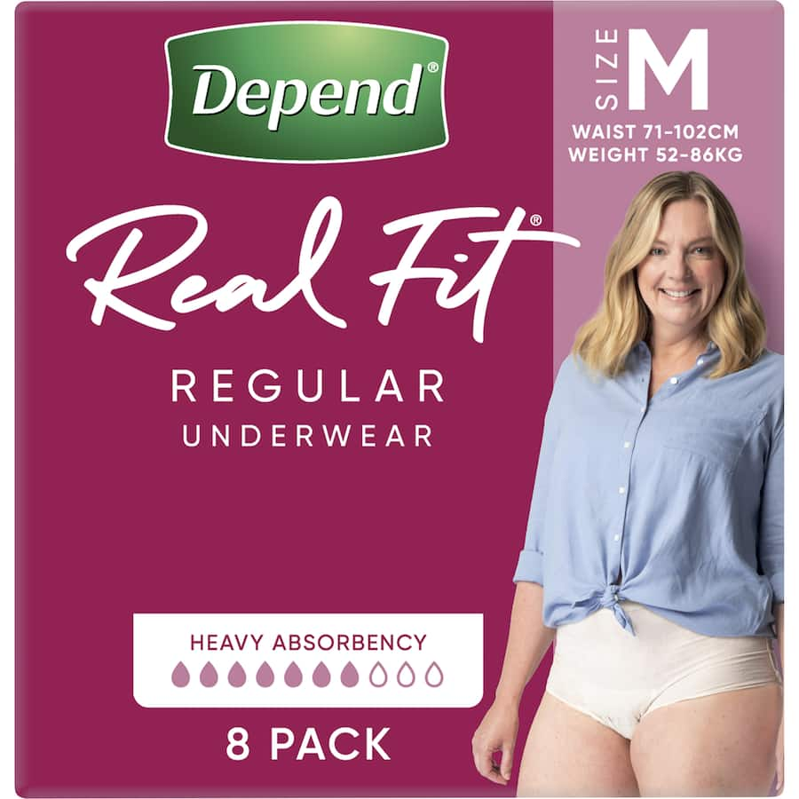 Depend Real Fit Women's Continence Pants in Medium, designed for discreet protection and maximum absorbency with a cotton-like feel.