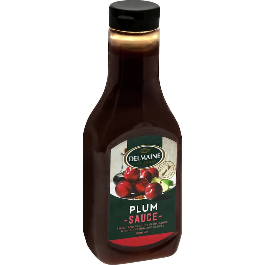 Gourmet Delmaine Plum Sauce made from dark red plums and apples, perfect for enhancing dishes and dipping sauces.