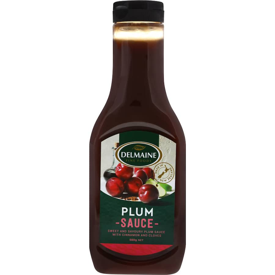 Delmaine Plum Sauce, a rich blend of dark red plums and spices, perfect for enhancing appetizers and main dishes.