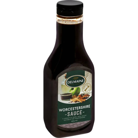 Delmaine Worcestershire Sauce bottle showcasing a vegetarian-friendly, gluten-free condiment for flavorful cooking.