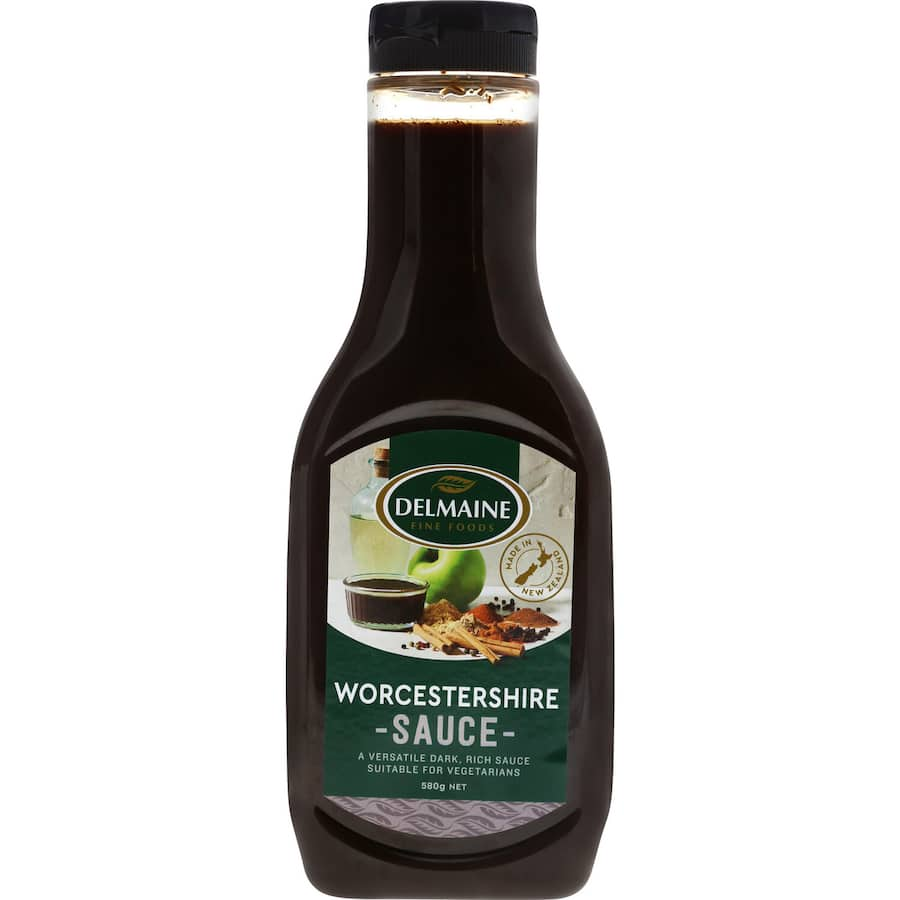 Delmaine Worcestershire Sauce, a vegetarian, gluten-free condiment for enhancing meats, seafood, and vegetables with rich flavor.