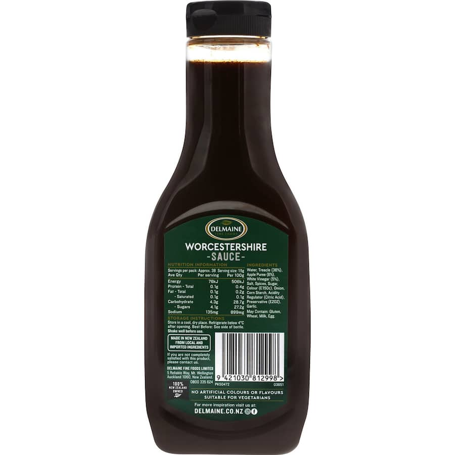 Delmaine Worcestershire Sauce: a vegetarian, gluten-free condiment that enhances meats, seafood, and veggies with rich flavor.