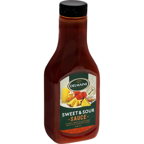 Delmaine Sweet & Sour Sauce, a gluten-free pineapple juice dipping sauce for dumplings, nuggets, and BBQ marinades.