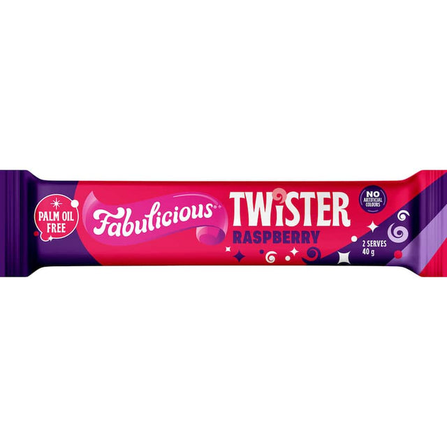 Fabulicious Raspberry Twist licorice, featuring vibrant raspberry flavor and a luxurious twist for an exquisite treat.