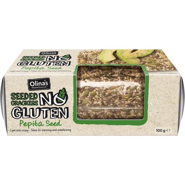 Olina's Gluten Free Pepita Seed Crackers, artisan-made for a light, crispy texture, perfect for dipping or snacking.