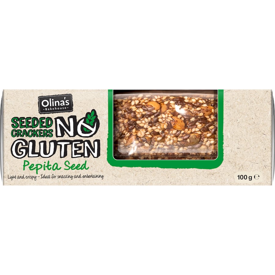 Olina's Gluten Free Pepita Seed Crackers: light, crispy artisan snacks made with nutritious pepita seeds, perfect for any gathering.