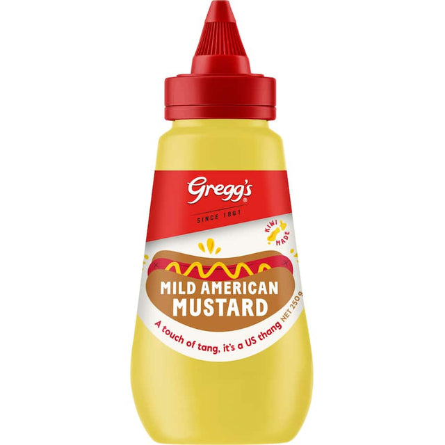 A jar of Greggs Mustard Mild American, showcasing its rich flavor ideal for enhancing meals.