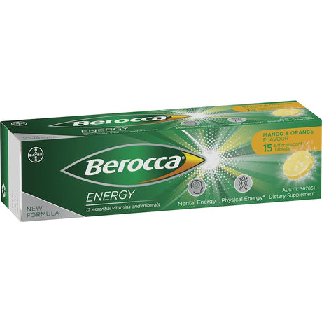Effervescent vitamin C tablets in mango and orange flavor, boosting energy and mental clarity for an active lifestyle.